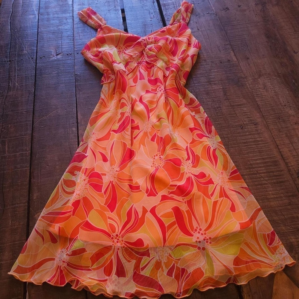 Y2K Early 2000s Orange & Pink Floral Print Dress Ruffle Summer Sun Dress Vintage - Picture 1 of 8